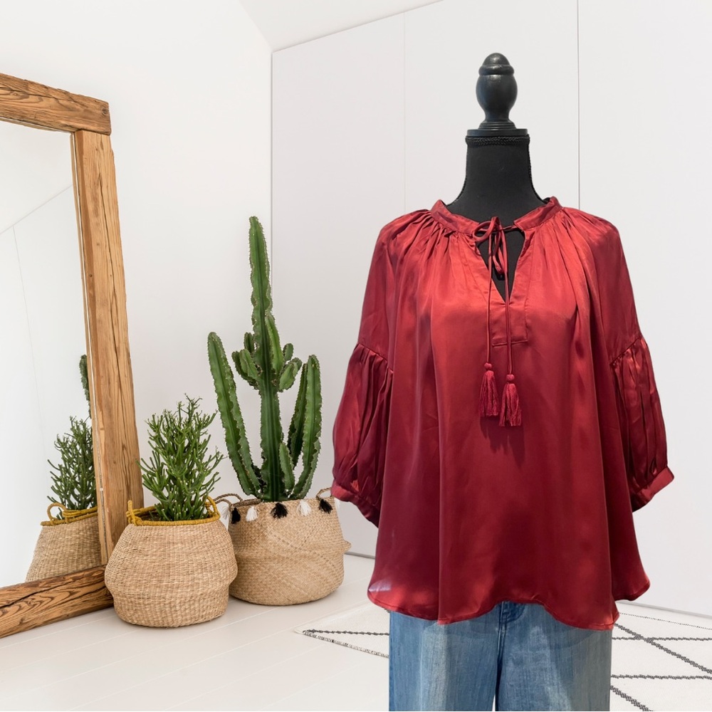 Alamwar Satin Pleated Sleeve Tassel Tie Neck Top